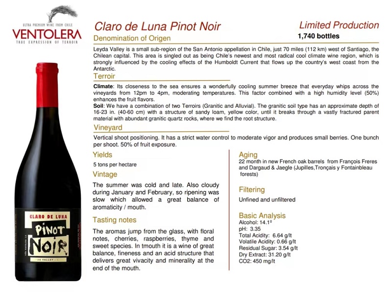 凡托莱拉卢纳葡萄酒Ventolera Claro de luna pinot noir